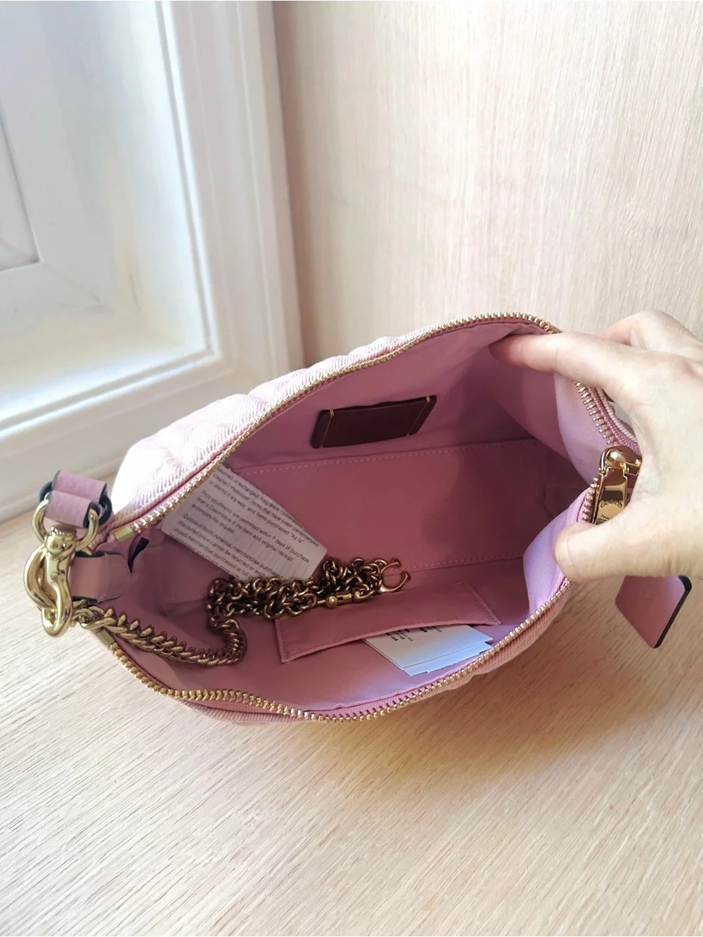 NWT💖Coach Caitlin Shoulder Bag Quilting And Charm CEQ62 Pink Denim Chain Gift
